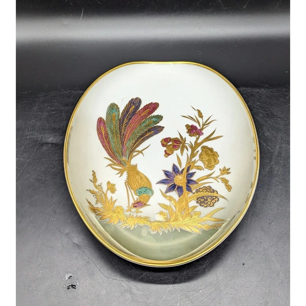 Vintage Dipinto A Mano Longo Oro Zecchino Italy Oval Dish Pheasant Bird Flower